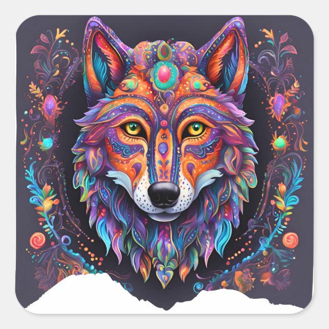 Pegatina Cuadrada Halloween Wolf Alebrije (Anverso)