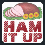 Pegatina Cuadrada HAM IT UP Funny Holiday Foodikers Christmas Sticke<br><div class="desc">El pegatina cuenta con un ilustracion original de un jamón de vacaciones glaseado en una bandeja con piñas. HAM IT UP está impreso bajo una divertida letra burdeos. ¡Perfecto como ladrón de existencias o para envíos de correo de vacaciones o proyectos de artesanía!</div>