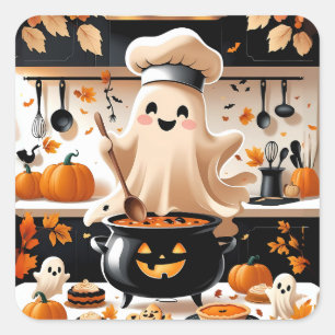 Pegatina Cuadrada Hambriento y hambriento - Kawaii Ghost Chef en Kit