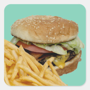Pegatina Cuadrada Hamburguesa de queso y fritas francesas