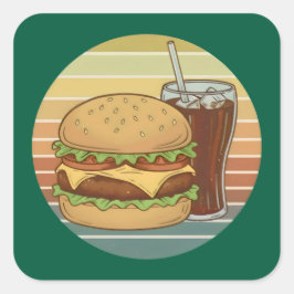 Pegatina Cuadrada Hamburguesa retro y cola.