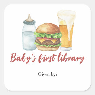 Pegatina Cuadrada Hamburguesas, cerveza y bebés - primera biblioteca