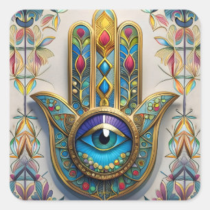 Pegatina Cuadrada Hamsa de tercer ojo azul-verde con filigrana color