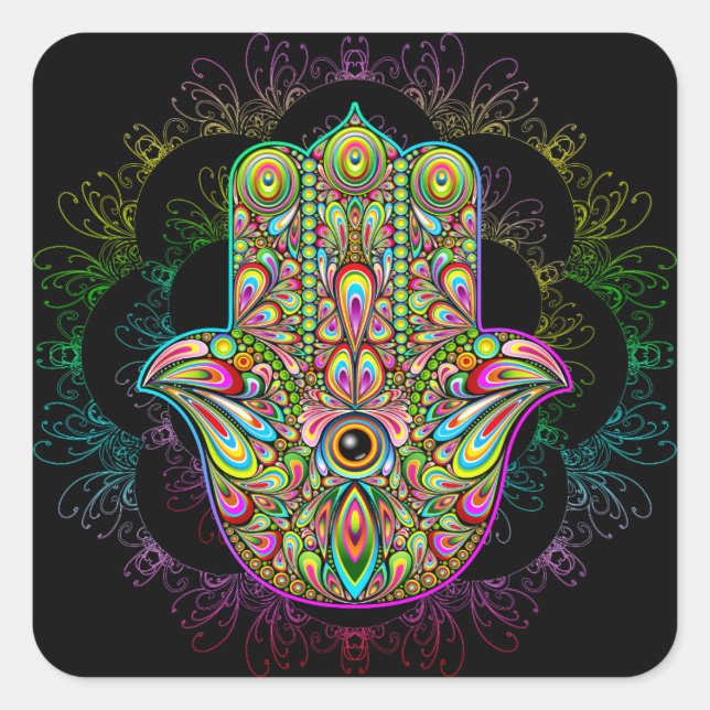 Pegatina Cuadrada Hamsa Fatma Hand Psychedelic Art (Anverso)