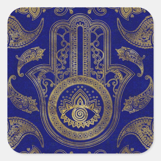 Pegatina Cuadrada Hamsa Hand - oro en lapis lazuli (Anverso)