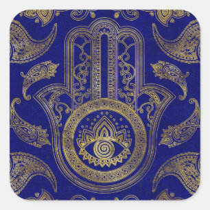 Pegatina Cuadrada Hamsa Hand - oro en lapis lazuli