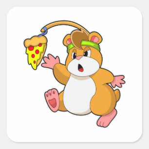 Pegatina Cuadrada Hámster al comer con pizza