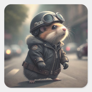 Pegatina Cuadrada Hamster Biker