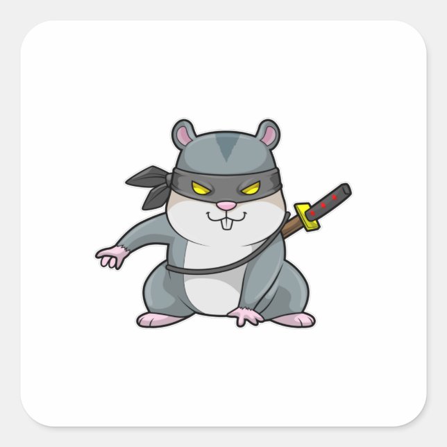 Pegatina Cuadrada Hámster como Ninja en artes marciales con espada (Anverso)