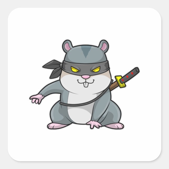 Pegatina Cuadrada Hámster como Ninja en artes marciales con espada (Anverso)