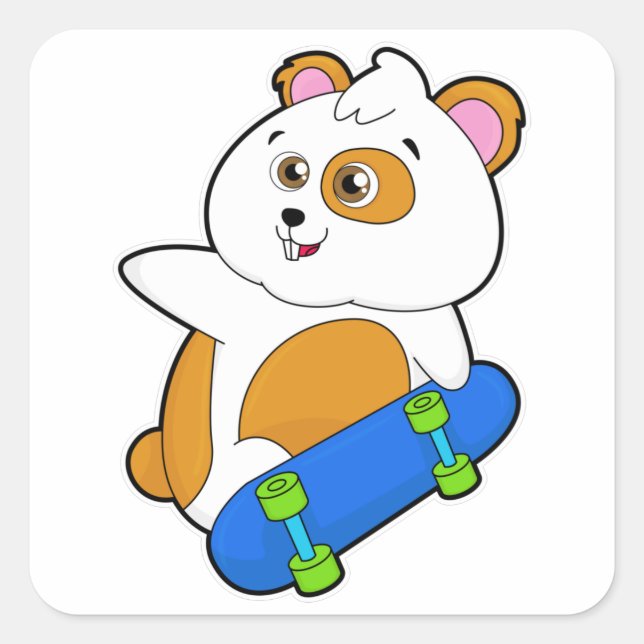 Pegatina Cuadrada Hámster como Skater con Skateboard (Anverso)