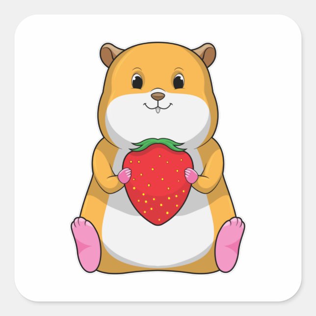 Pegatina Cuadrada Hamster con fresa (Anverso)