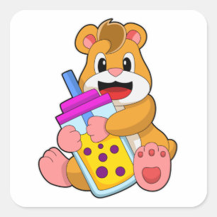 Pegatina Cuadrada Hamster con jugo con botella de bebé