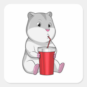 Pegatina Cuadrada Hamster con paja Mug y Bebida