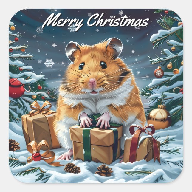 Pegatina Cuadrada Hamster con regalos Navidades Navidades (Anverso)