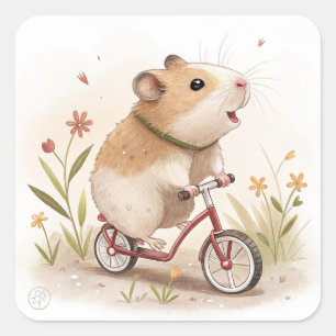 Pegatina Cuadrada Hamster en bicicleta