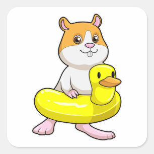 Pegatina Cuadrada Hamster en la playa con pato como anillo de nataci