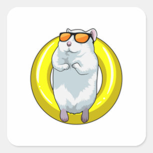Pegatina Cuadrada Hamster en Natación con anillo de natación