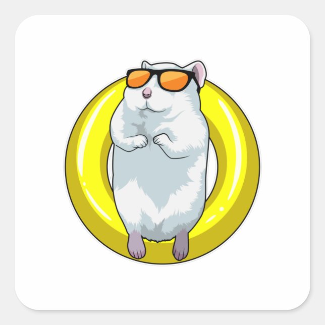 Pegatina Cuadrada Hamster en Natación con anillo de natación (Anverso)