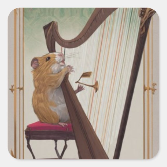 Pegatina Cuadrada Hamster Harpist – Mini Musical Illustration  (Anverso)