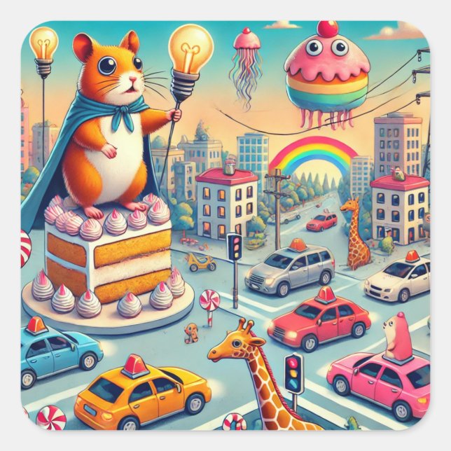 Pegatina Cuadrada Hámster Heroico en Pastel en Ciudad de Fantasía (Anverso)