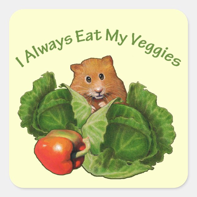 Pegatina Cuadrada Hamster: Niños: Siempre como mis verduras: nutrici (Anverso)