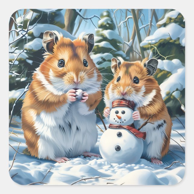Pegatina Cuadrada Hamsters y Snowman (Anverso)