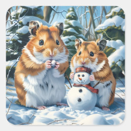 Pegatina Cuadrada Hamsters y Snowman