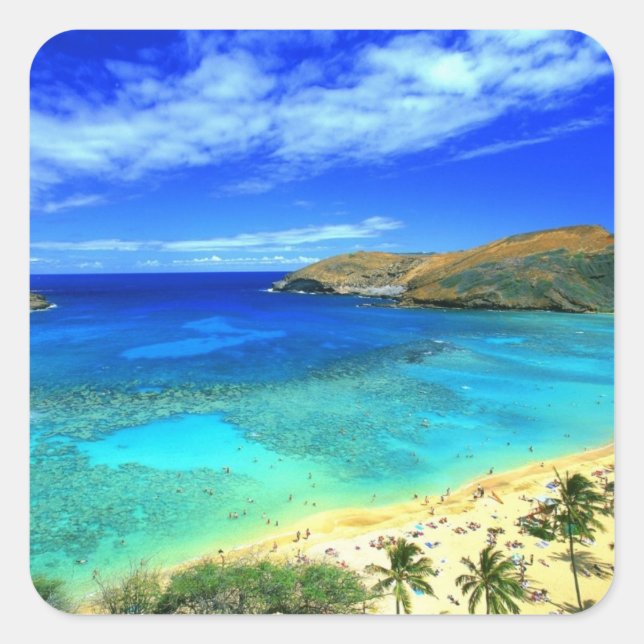 Pegatina Cuadrada ¡Hanauma Bay Beach Aloha! (Anverso)