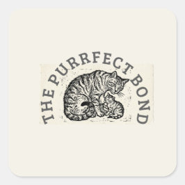 Pegatina Cuadrada Hand-Carved Linocut Cat Mom & Kitten - Motherhood 