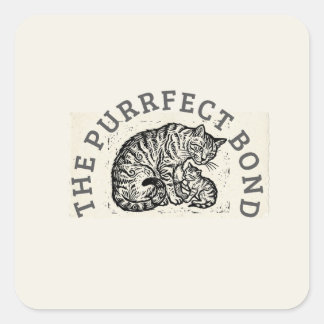 Pegatina Cuadrada Hand-Carved Linocut Cat Mom & Kitten - Motherhood 