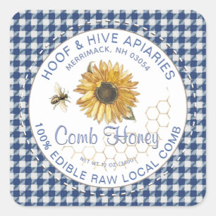 Pegatina Cuadrada Hand Cut Comb Honey Sunflower Bee Rustic Gingham