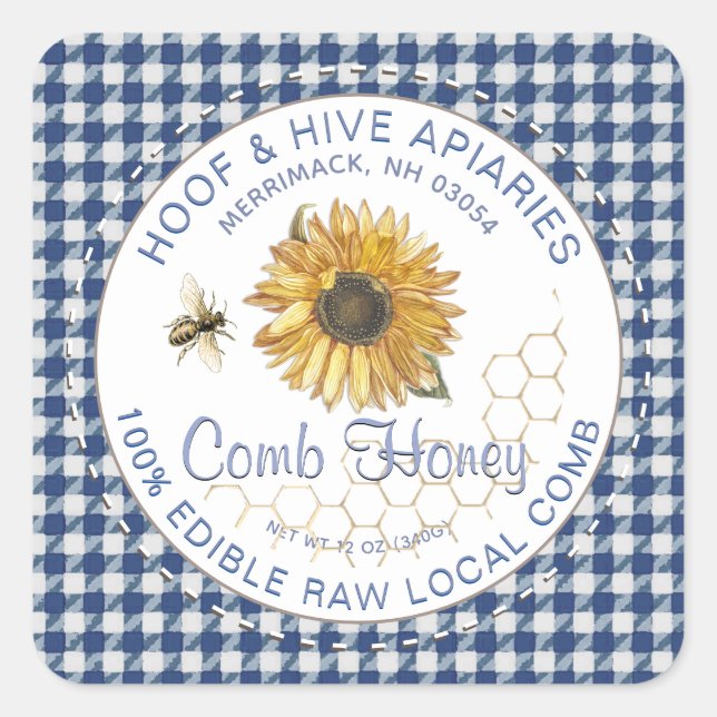 Pegatina Cuadrada Hand Cut Comb Honey Sunflower Bee Rustic Gingham (Anverso)