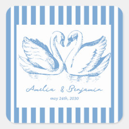 Pegatina Cuadrada hand drawn Blue Couple Swan Whimsical Wedding