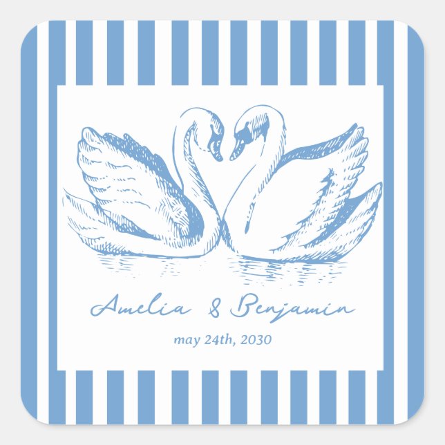 Pegatina Cuadrada hand drawn Blue Couple Swan Whimsical Wedding (Anverso)