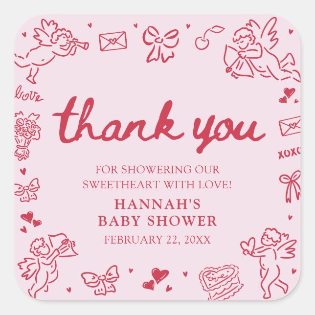 Pegatina Cuadrada Hand Drawn Valentine Little Sweetheart Baby Shower (Anverso)
