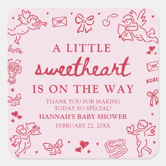 Pegatina Cuadrada Hand Drawn Valentine Little Sweetheat Baby Shower (Anverso)