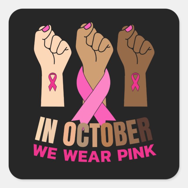 Pegatina Cuadrada Hand En Octubre usamos rosa (Anverso)