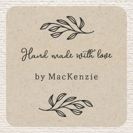 Pegatina Cuadrada Hand Made With Love Brown Paper Botanical Leaf 