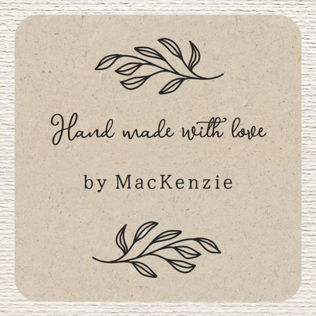 Pegatina Cuadrada Hand Made With Love Brown Paper Botanical Leaf  (Personalized hand made with love botanical leaf line art stickers for small business makers)