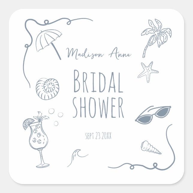 Pegatina Cuadrada HandDrawn Beach Doodle Illustrations Bridal Shower (Anverso)