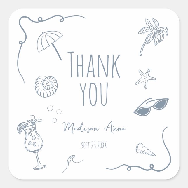Pegatina Cuadrada HandDrawn Beach Doodle Thank You Bridal Shower (Anverso)