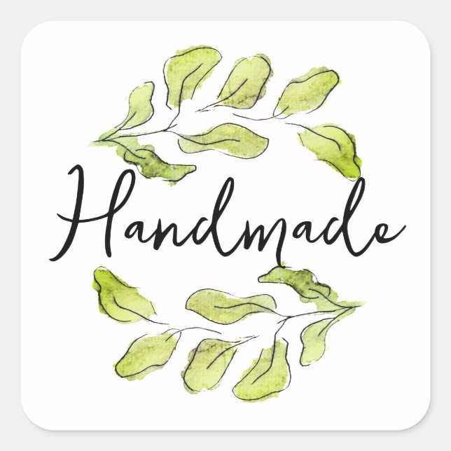 Pegatina Cuadrada Handmade with green watercolor leafs (Anverso)