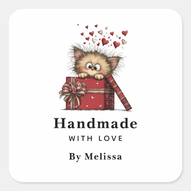 Pegatina Cuadrada Handmade with Love Cute Cartoon Kitten with Hearts (Anverso)