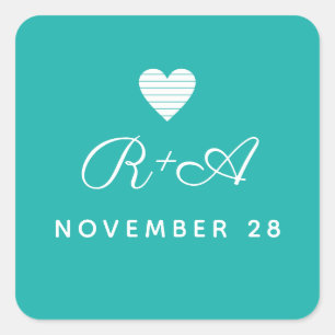 Pegatina Cuadrada handwritten initials on turquoise blue wedding 