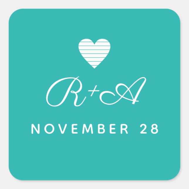 Pegatina Cuadrada handwritten initials on turquoise blue wedding  (Anverso)
