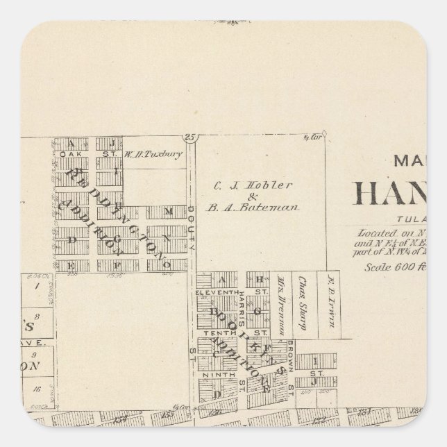 Pegatina Cuadrada Hanford, Condado de Tulare (Anverso)