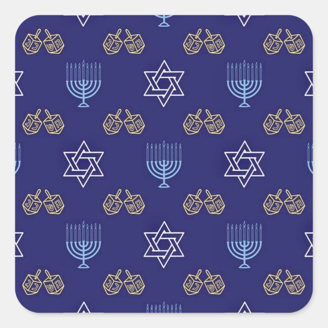 Pegatina Cuadrada Hannukah Menorah stars dreidels (Anverso)