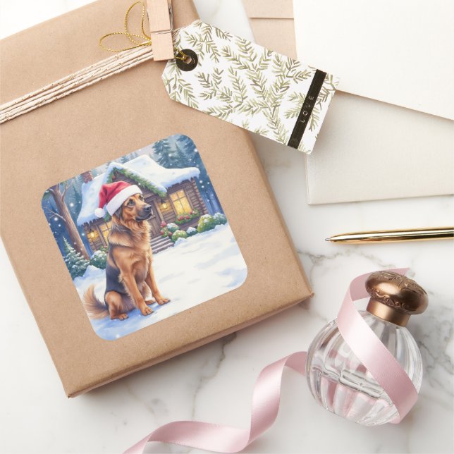 Pegatina Cuadrada Hanoverian Scenthound Snowy Forest Cabin Santa Hat (Regalar)