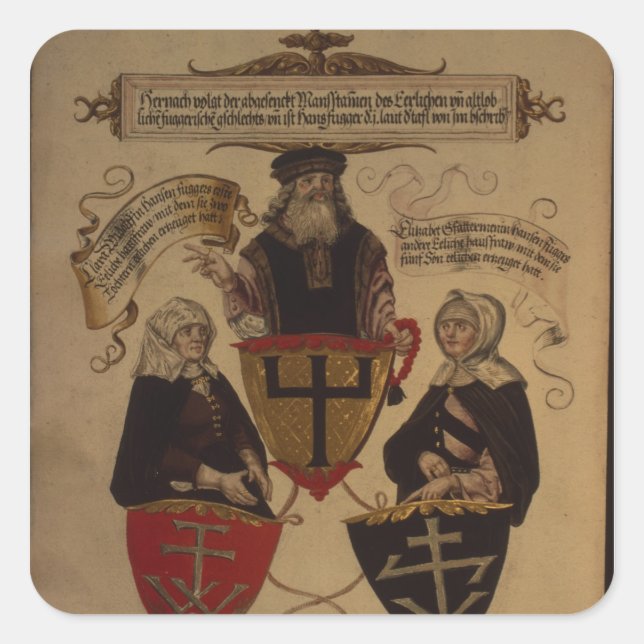 Pegatina Cuadrada Hans Fugger dos esposas Clara Widolf y Elisabeth (Anverso)